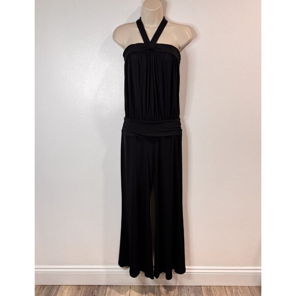 Vintage Y2K Express Jumpsuit XS Black Halter Jersey Wide Leg Crop Stretch - Picture 1 of 12